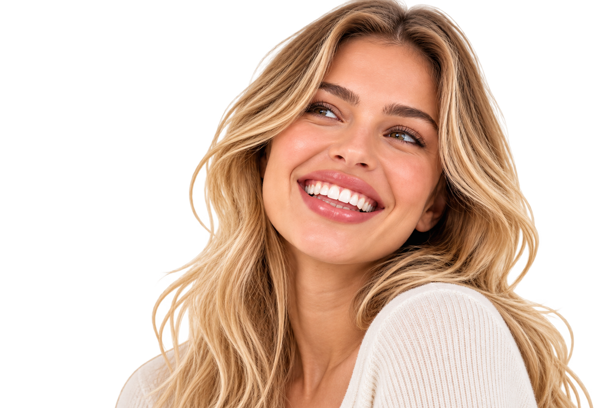 Woman smiling naturally in a bright dental setting